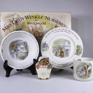 Vintage Mrs Tiggy-Winkle figurine and Nursery set by Wedgwood Of Etruria & Barlaston England, cup plate bowl in original retail box image 1