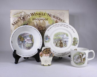 Vintage Mrs Tiggy-Winkle figurine and Nursery set by Wedgwood Of Etruria & Barlaston England, cup + plate + bowl in original retail box