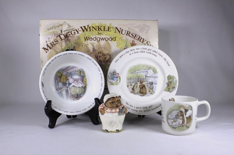 Vintage Mrs Tiggy-Winkle figurine and Nursery set by Wedgwood Of Etruria & Barlaston England, cup plate bowl in original retail box image 1