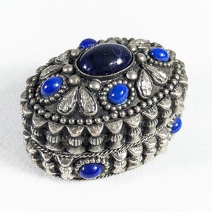 Vintage oval silver plated box with blue glass stones, small jewellery storage box, fabric lined trinket box, decorative pill box