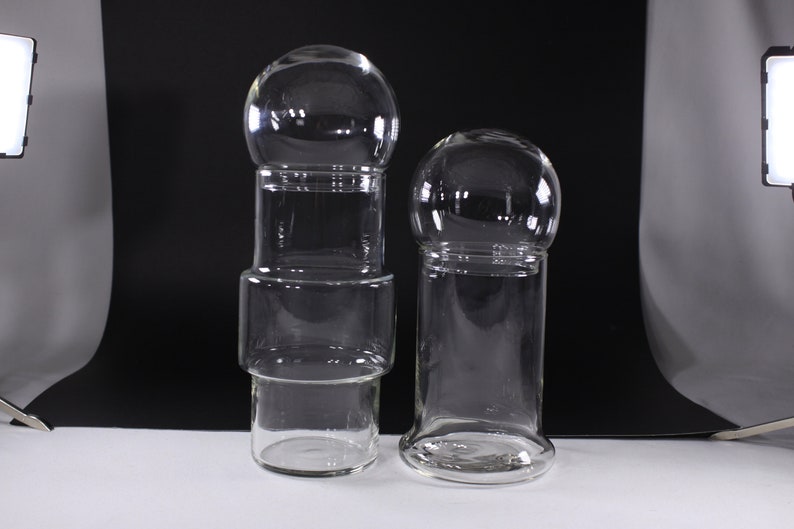 Set of 2 MCM glass storage jars, modernist Scandi blow mold vase decanters image 6