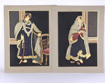 Vintage PAIR Rajasthani Miniature Art Painting on Paper, Punjabi wall art to frame, housewarming gift, Classic Asian home decor