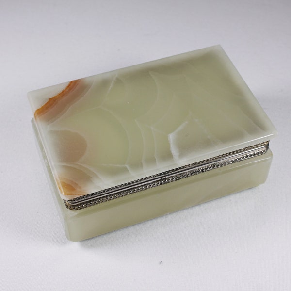 Vintage Onyx box or alabaster trinket box spiderweb pattern, natural sage green stone business card box