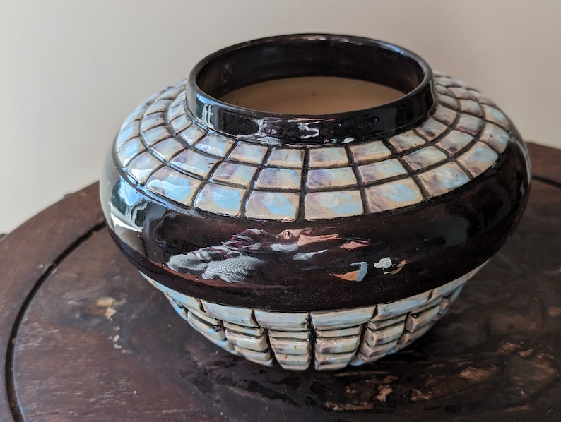 Handmade opalescent chandelier fine art pottery bowl, art deco movie inspired full moon altar offering bowl, wheel thrown carved flower vase image 1
