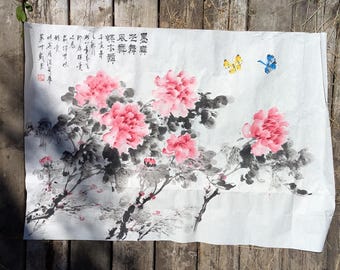 Vintage Japanese ink drawing Cherry blossom and butterflies on rice paper, unmounted unframed
