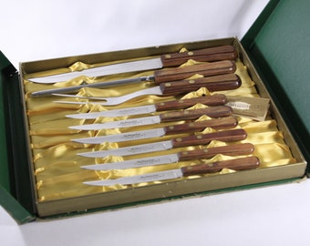 Vintage Kutmaster pakkawood steak knives and carving set, boxed Candlelight wood handled knife set by Kutmaster