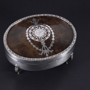 Vintage jewelry box for men, Regency style footed trinket box, silver inlaid faux tortoiseshell