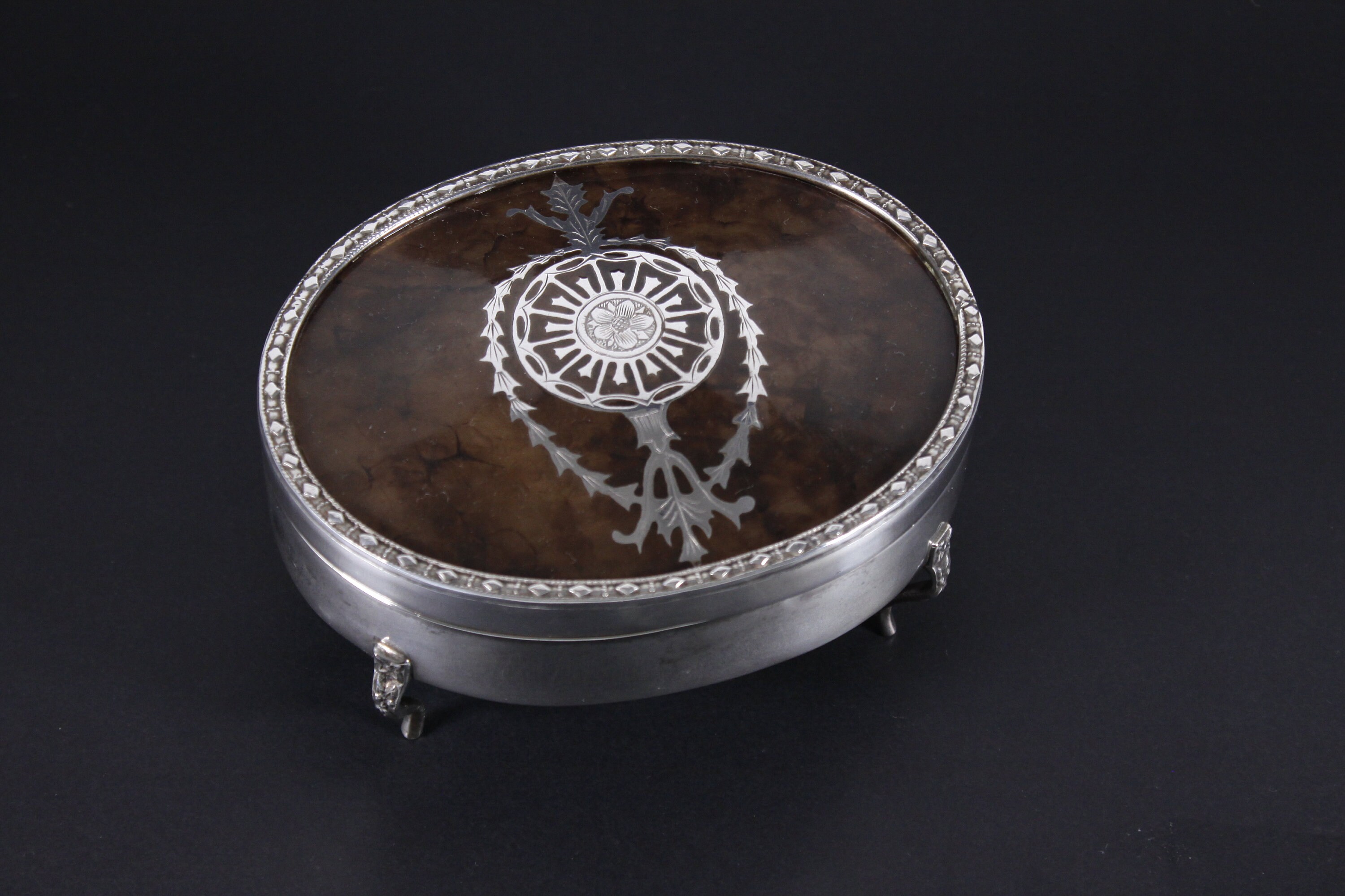 Vintage jewelry box for men, Regency style footed trinket box, silver inlaid faux tortoiseshell