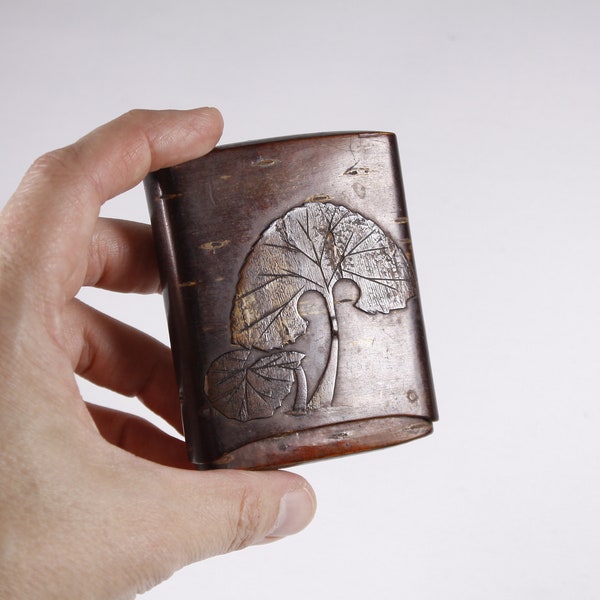 Vintage Japanese Cherry bark business card case with lotus leaf overlay, Sakura bark crafts cigarette case