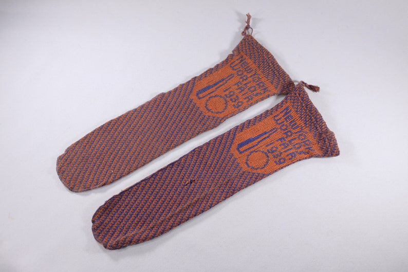 1939 New York Worlds Fair socks, Atomic Era Art Deco pair of socks in orange and blue image 1