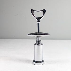 Vintage modernist Silver toned metal wine corkscrew and soda / beer bottle opener, minimalist mechanical corkscrew