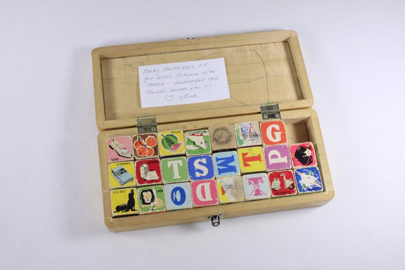 1960s mcm retro Picture Cubes AS IS, WB 260 made in China, alphabet blocks animals items spelling words reading teaching aid image 1