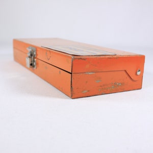 Vintage Orange metal toolbox, small parts storage organizing box, metal pencil box image 5