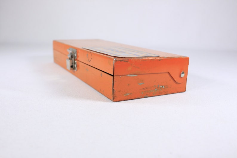 Vintage Orange metal toolbox, small parts storage organizing box, metal pencil box image 5