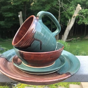 Handmade dinner set, wheel thrown plate set, copper and teal ceramic set, modern unique pottery place setting