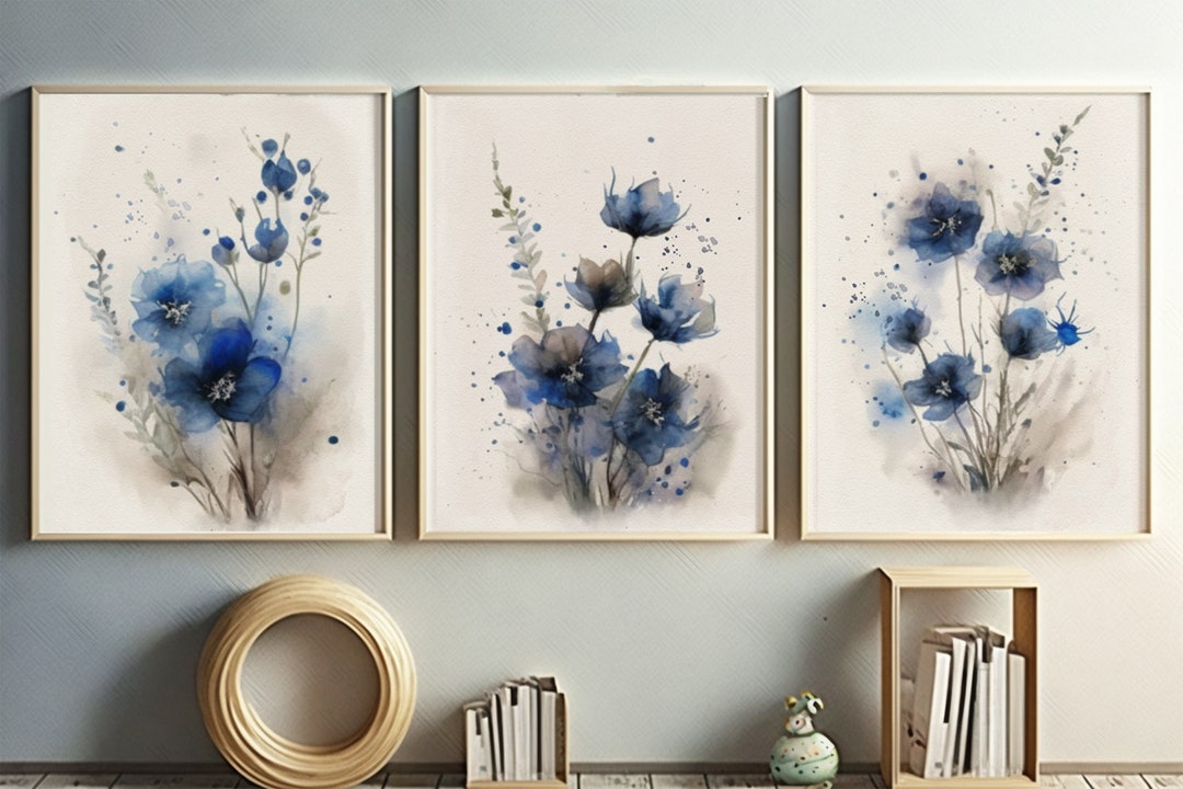 Flower Wall Decor Blue Loose Watercolor Watercolor Wall Decor Etsy