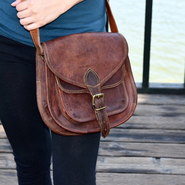 Handmade Genuine Leather Crossbody Everyday Brown 11" Country Western Folk Boho Festival Bag