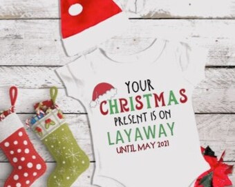 Christmas Pregnancy Announcement , Surprise Baby Announcement, Christmas Present Layaway Announcement, Christmas bodysuit