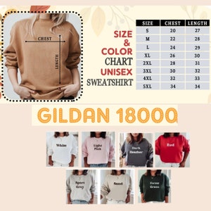 May include: A tan unisex sweatshirt with a size and color chart. The chart lists chest and length measurements in inches for sizes S through 5XL. The image also displays various sweatshirt colors, including white, light pink, dark heather, and red.