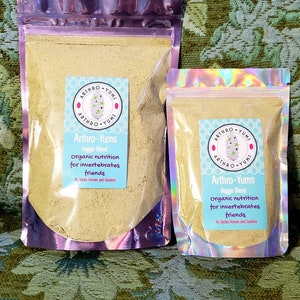 May include: Two resealable bags of Arthro-Yums Veggie Blend organic nutrition for invertebrates friends by Gecko Homes and Gardens. The bags are purple and iridescent with a white label featuring a cartoon gecko.