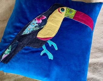 Handmade Large Blue Toucan Cushion Exotic Bird Pillow