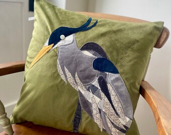 Handmade Large Green Velvet Heron Cushion Grey Water Bird Pillow