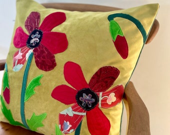 Handmade Large Yellow Velvet Poppy Cushion Floral Pillow