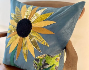 Handmade Large Teal Velvet Sunflower Cushion Floral Pillow