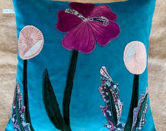 Handmade Teal Velvet Floral Cushion Purple Flower Pillow