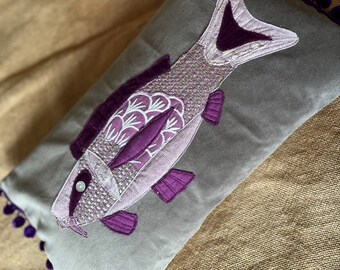 Handmade Grey Velvet Purple Carp Cushion Fish Purple Pompom Pillow