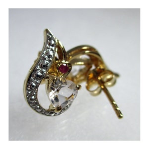 Fancy Faceted Heart Herkimer Diamond Earrings w/ Ruby - 14K Gold Plated Sterling Silver w/ Posts - ADM202B