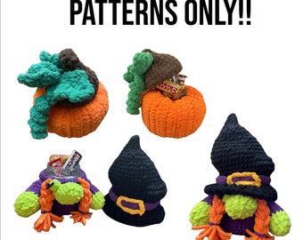 May include: The image displays several crochet patterns. There are two orange pumpkins with green and brown accents, one with candy. A black witch hat with a purple band and buckle is also shown. A witch with orange braids and a purple dress is also shown. The text "PATTERNS ONLY!!" is at the top.