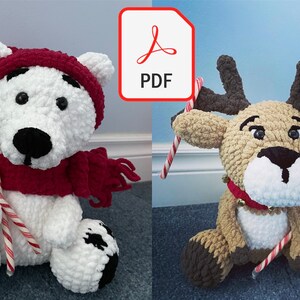 May include: Crochet pattern PDF for a white polar bear and a brown reindeer holding candy canes. Both are wearing red scarves and the reindeer has a red collar with bells.