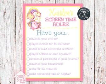 PRINTABLE Screen Time Rules Sign, Screen Time Rules Printable, Technology Rules, Family Rules, Unicorn Screen Rules EDITABLE PDF File