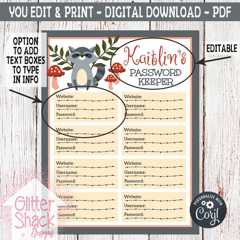 Password Organizer Woodland Raccoon Password Planner Pages PRINTABLE Password Tracker EDITABLE PDF File Password Keeper Password Log