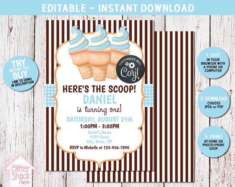Here S The Scoop Boy Birthday Invitation Editable Ice Etsy