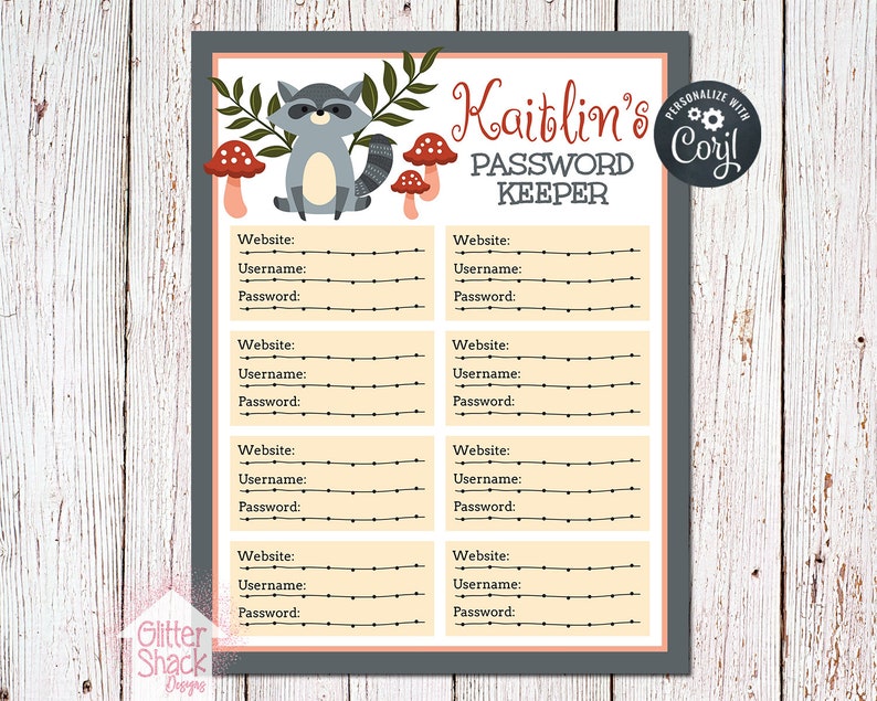 Password Organizer Woodland Raccoon Password Planner Pages PRINTABLE Password Tracker EDITABLE PDF File Password Keeper Password Log