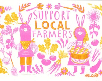 Support Local Farmers: Limited Edition Risograph Print (neon pink & gold)