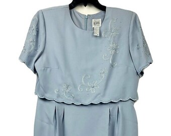 Vintage R&M Richards by Karen Kwong baby blue embroidered bead midi dress Sz 16