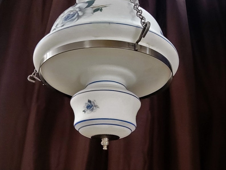 Vintage Large Hurricane Hanging Lamp Painted Blue Flower Milk Etsy
