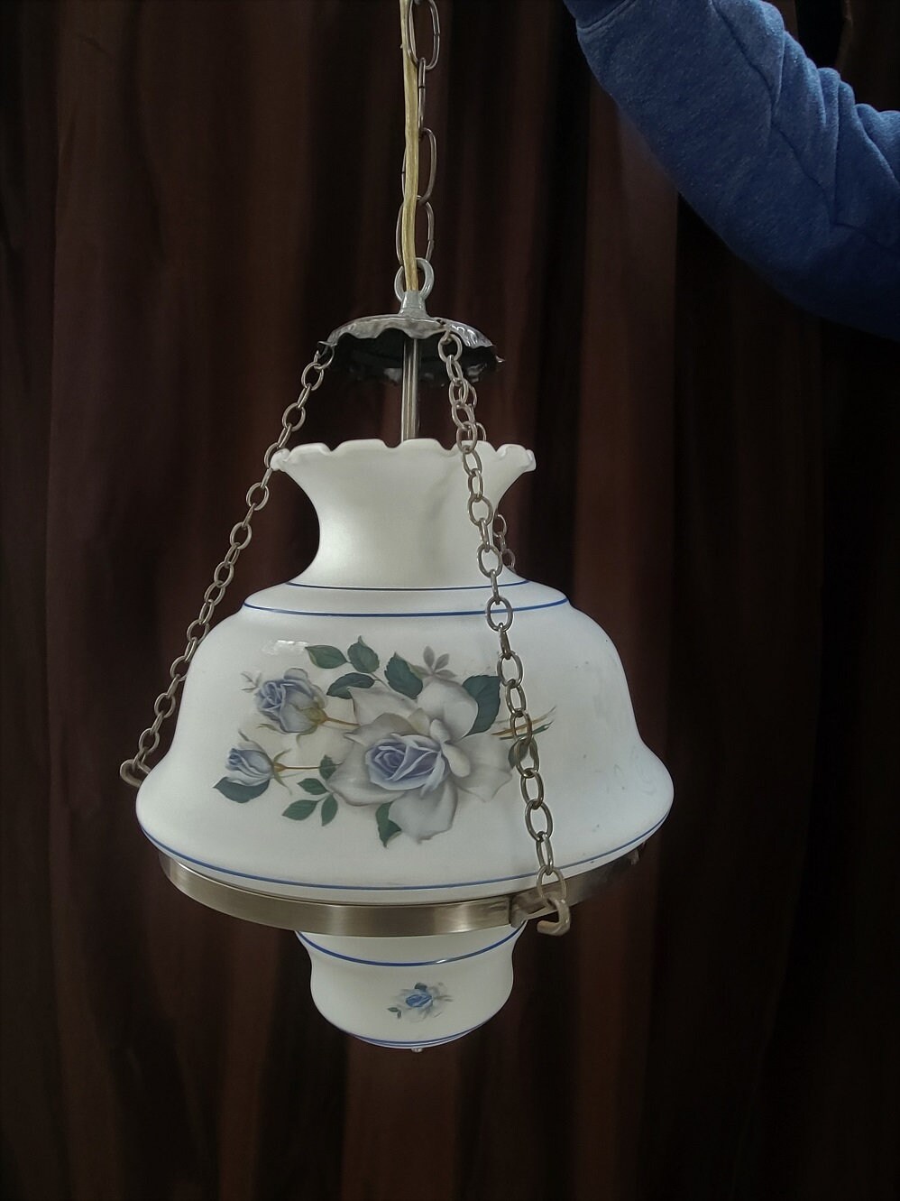 Vintage Large Hurricane Hanging Lamp Painted Blue Flower Milk Etsy