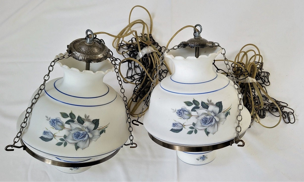 Vintage Large Hurricane Hanging Lamp Painted Blue Flower Milk Etsy