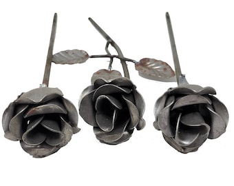 Set of 3 Metal roses with stem ~ floral flowers raw rustic decor ~ 13" tall