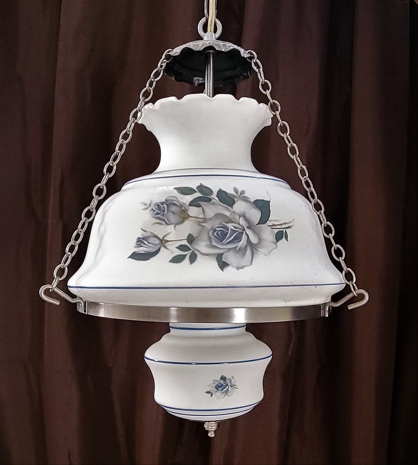 Vintage Large Hurricane Hanging Lamp Painted Blue Flower Milk Etsy