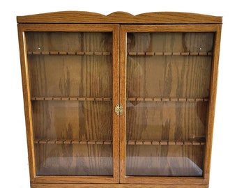 Vintage Wooden Wall Display Rack with Glass Front double door Holds 63 Spoons