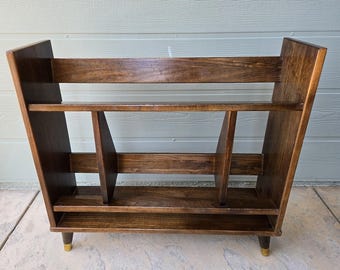 Vintage Mid Century Modern Walnut Brown Wood Record Rack Bookcase tapered legs