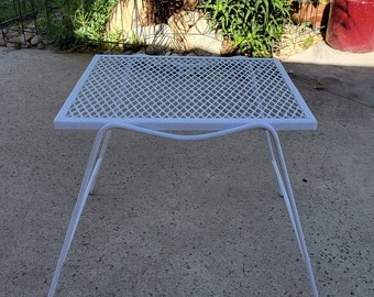 Vintage White Wrought Iron Mesh top Patio Side Table Outdoor Set of 2