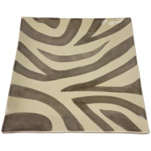May include: A rectangular ceramic serving platter with a zebra print design. The platter is cream colored with brown zebra stripes.
