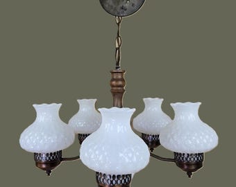 Vintage White Milk hob nail 5 arm Chandelier Ceiling light Fixture hardwired