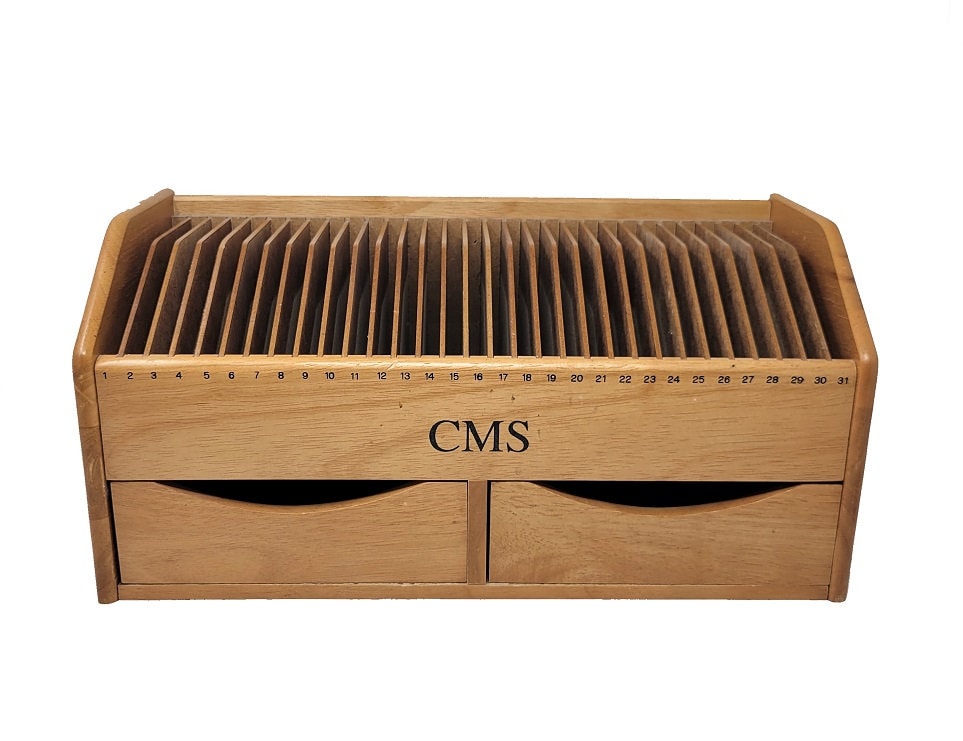 Vintage Lillian Vernon Wooden Desktop Mail Organizer 31 Slots & 2 Pull
